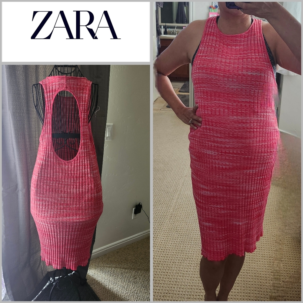 Zara Pink Ribbed Bodycon OpenCut Back Summer Dress Women Size Large